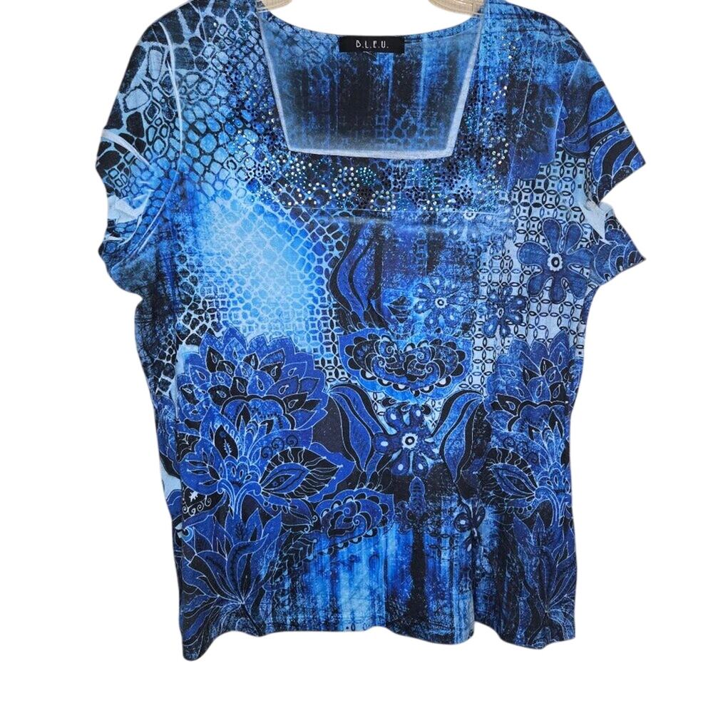 Y2K B.L.E.U. XL Blue Floral Square Neck Top with Rhinestones [0302]